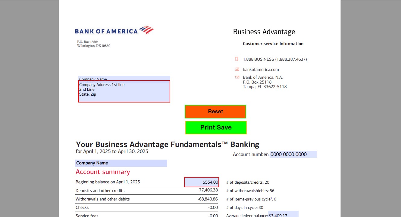 Bank of America Business Bank Statement April 2025